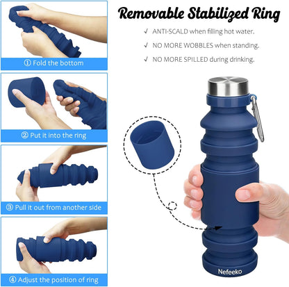 Nefeeko Collapsible Water Bottle, Reuseable BPA Free Silicone Foldable Water Bottles for Travel Gym Camping Hiking, Portable Leak Proof Sports Water Bottle with Carabiner