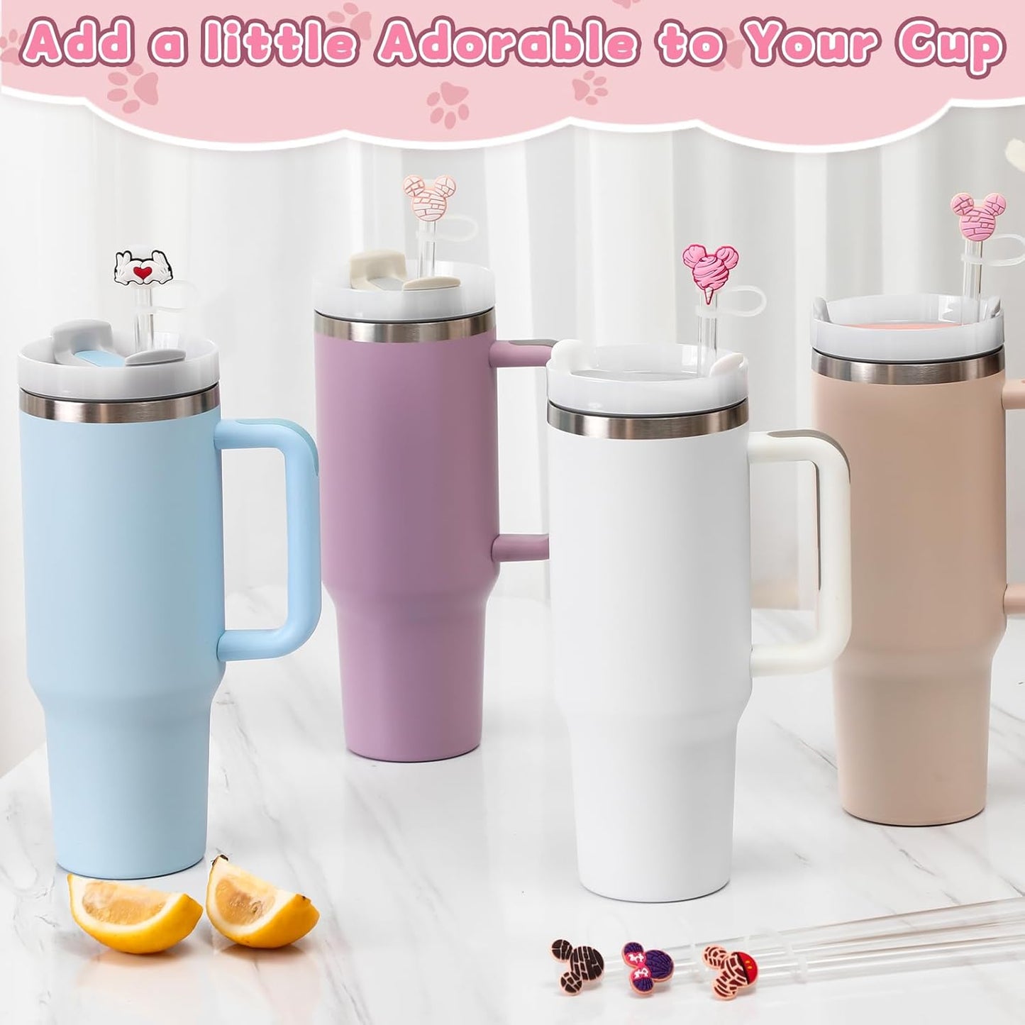 6PCS Straw Covers for Stanley Cup Tumbler 30 oz / 40 oz Leak Proof Straw Toppers 10mm Silicone Cute Straw Stopper Caps for Stanley Cup Accessories-Pink Mice