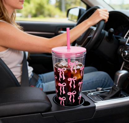 24oz Tumbler with Lid and Straw, Leak Proof and Double Wall Insulated Reusable Plastic Cups,Travel Reusable Iced Coffee Cup (1, Pink)