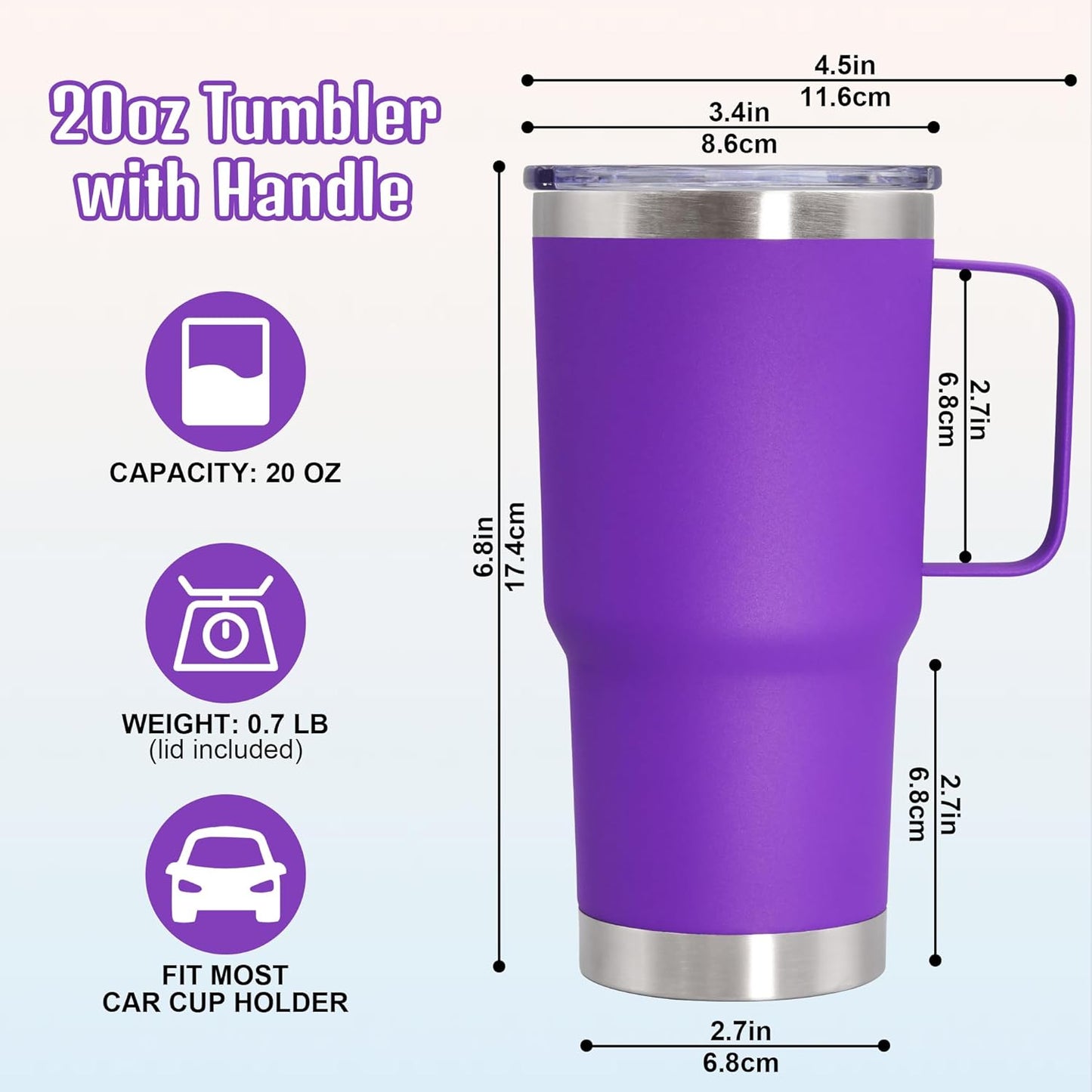 20 oz Tumbler with Handle and Lid, Stainless Steel Tumbler Insulated Travel Coffee Mug, Spill Proof Double Wall Vacuum Tumbler Cup Keep Drink Hot & Cold,White, 1 Pack