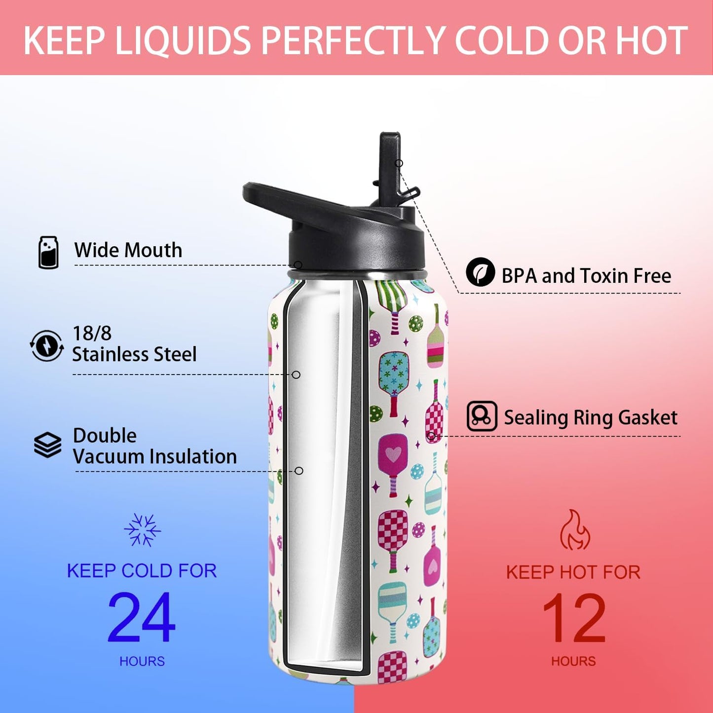 32 oz Pickleball Insulated Water Bottle with Straw - Pickleball Gym Hiking Sports Coffee Mug | Perfect Pickleball Gifts for Women, Pickleball Decor Accessories
