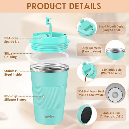 KETIEE Travel Coffee Mug Spill Proof 12oz, Insulated Travel Mug to Go, Reusable Coffee Cup with Seal Lid, Vacuum Stainless Steel Tumbler for Hot/Cold Drinks (Red)