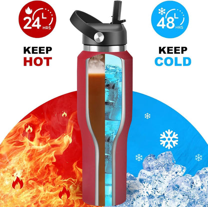 HYDROWION 32oz Stainless Steel Water Bottle(Cold for 48 Hrs, Hot for 24 Hrs),Double Wall Vacuum Insulated Water Bottle with Straw Lid, Spout Lid and Flex Cap, Fit in Any Car Cup Holder,Black