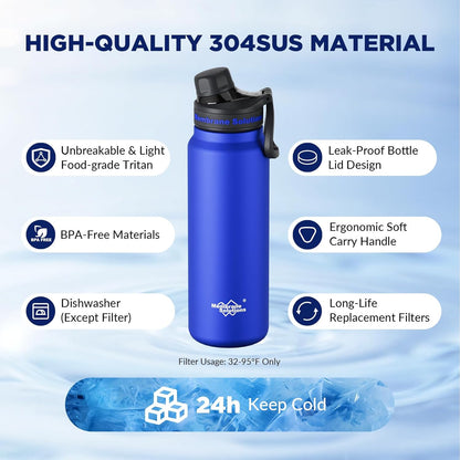 Membrane Solutions C3 Filtered Water Bottle, 32oz Stainless Steel Water Bottle with Replaceable UF+ACF Filter Cartridge, Portable Water Filter, Travel, Hiking & Camping for Drinking Water