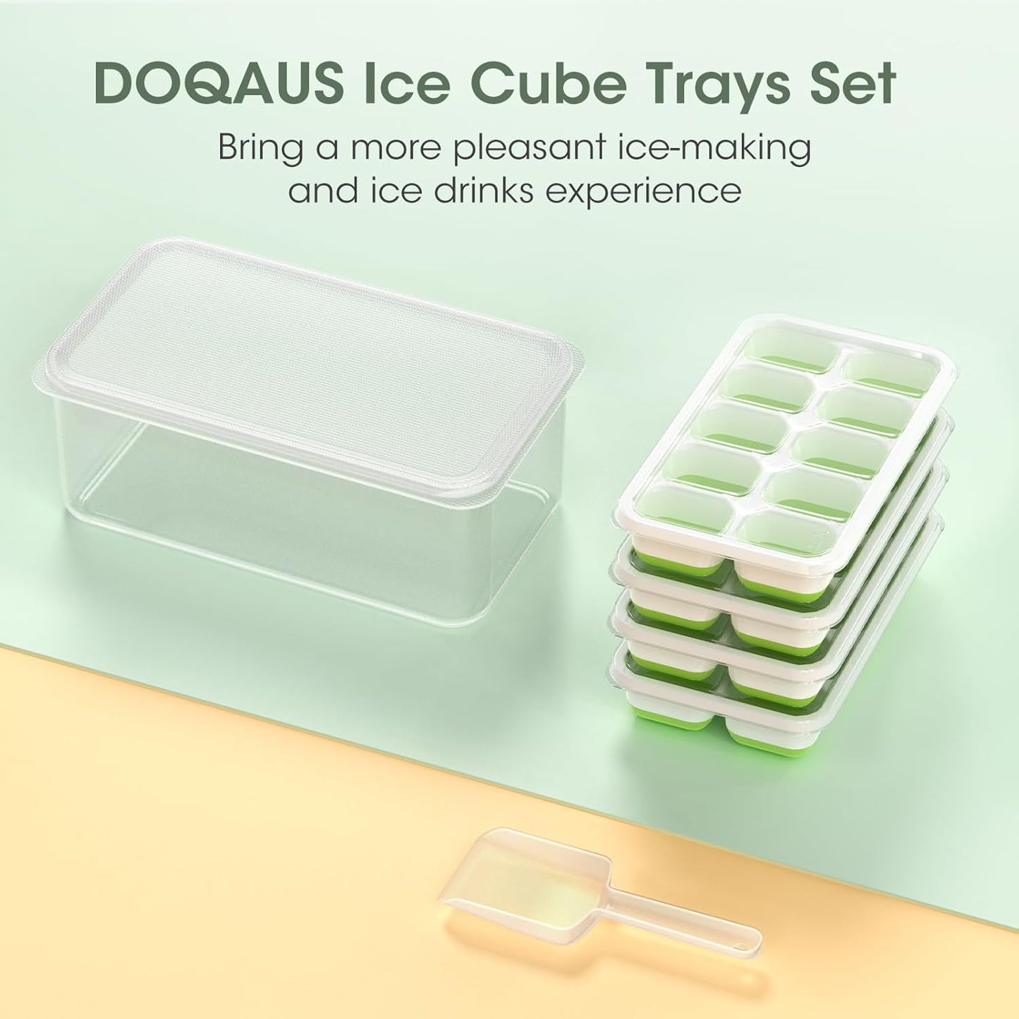 DOQAUS Ice Cube Tray with Lid and Bin - 4 Pack Silicone Ice Cube Trays for Freezer, Stackable Ice Bucket Kits with Storage Container & Scoop for Kitchen, RV, Cocktail, Coffee
