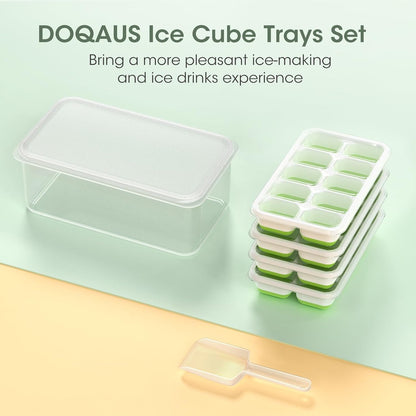 DOQAUS Ice Cube Tray with Lid and Bin - 4 Pack Silicone Ice Cube Trays for Freezer, Stackable Ice Bucket Kits with Storage Container & Scoop for Kitchen, RV, Cocktail, Coffee