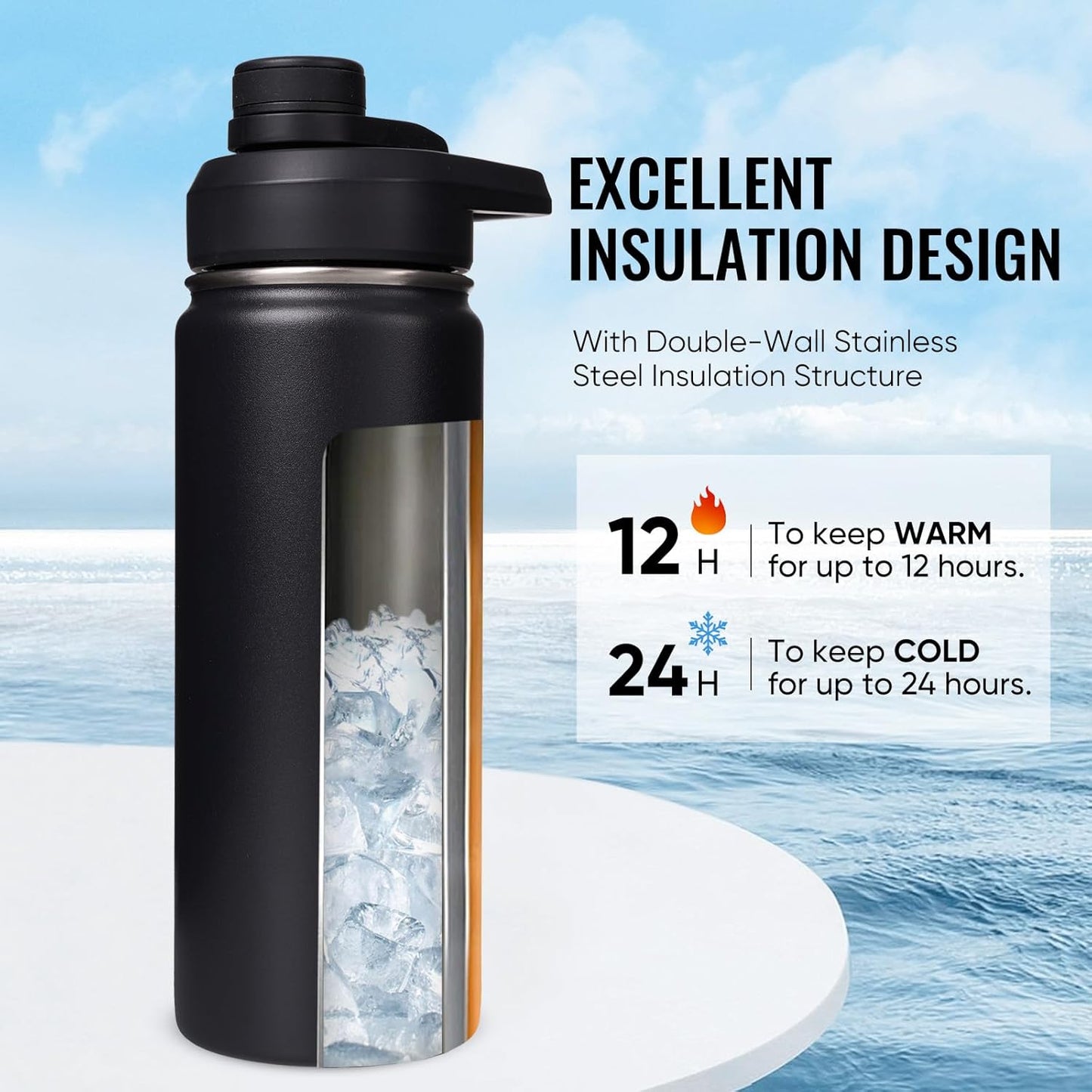 Fijinhom 24 oz Insulated Water Bottle with Handle, 304 Stainless Steel Water Bottles with Wide Mouth, Double Wall Vacuum Sports Water Bottle, BPA Free, Keep Cold and Hot, Black | with Handle