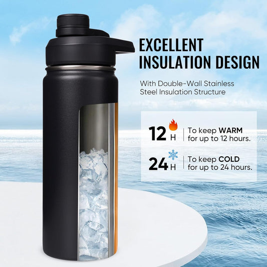 Fijinhom 24 oz Insulated Water Bottle with Handle, 304 Stainless Steel Water Bottles with Wide Mouth, Double Wall Vacuum Sports Water Bottle, BPA Free, Keep Cold and Hot, Black | with Handle