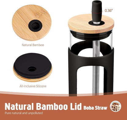 Kodrine 20oz Glass Water Tumbler with Straw and Lid, Bamboo Lids Water Bottle, Iced Coffee Cup Reusable, Wide Mouth Smoothie Cups with Protective Silicone Sleeve BPA FREE-Black - Colors B