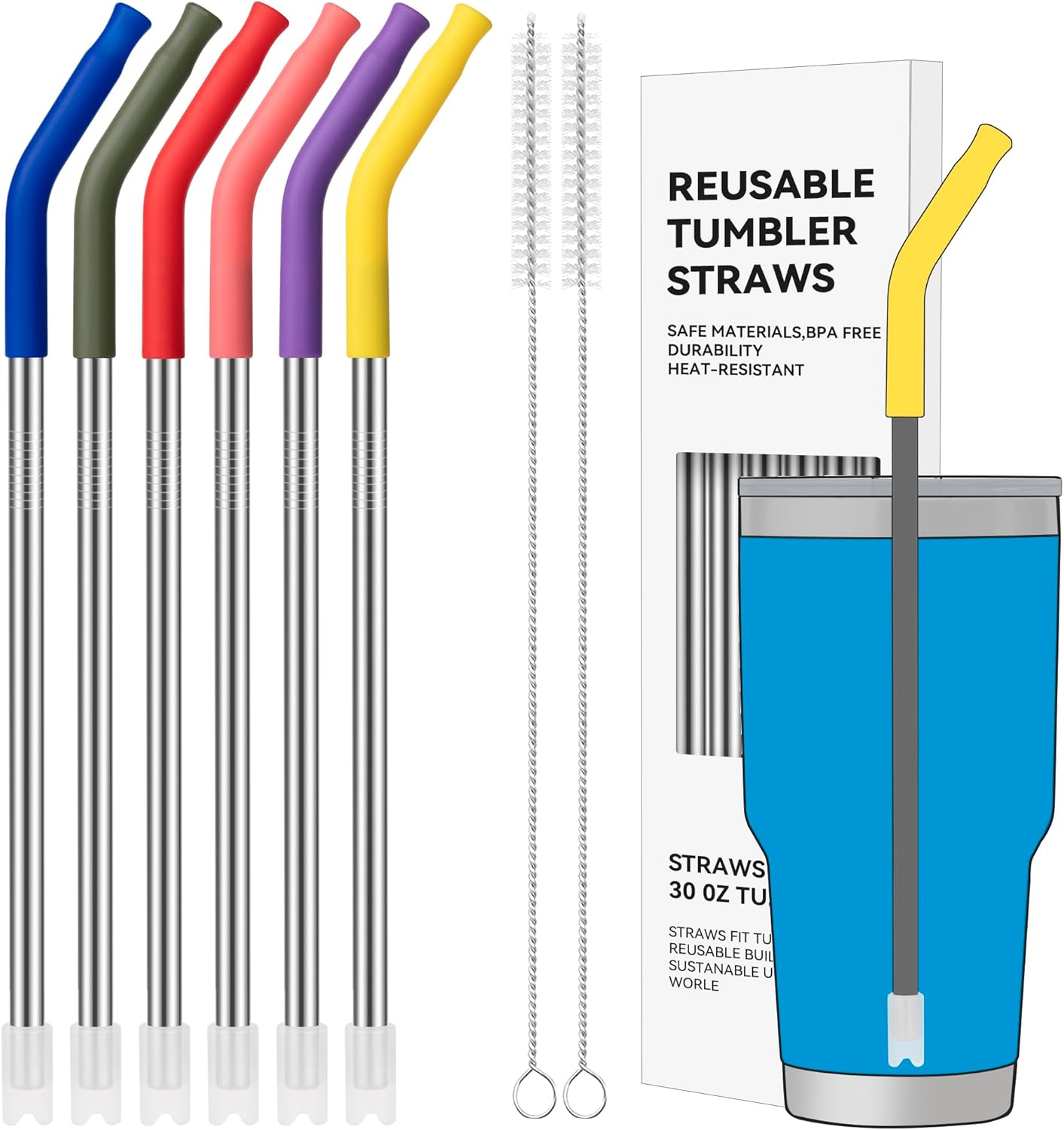 40 oz Straight Metal Straws for 40 oz Stanley Tumbler, 6 Pcs Stainless Steel Reusable Drinking Metal Straw with Colourful Silicone Tips,Straw for Glass Cups, BPA FREE
