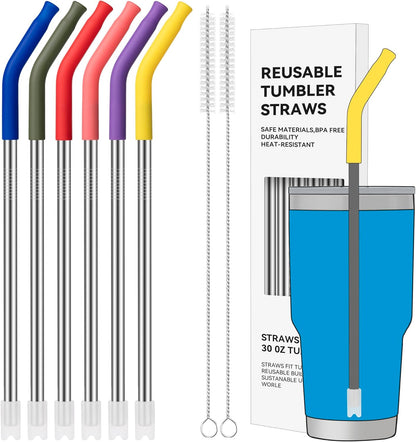 40 oz Straight Metal Straws for 40 oz Stanley Tumbler, 6 Pcs Stainless Steel Reusable Drinking Metal Straw with Colourful Silicone Tips,Straw for Glass Cups, BPA FREE