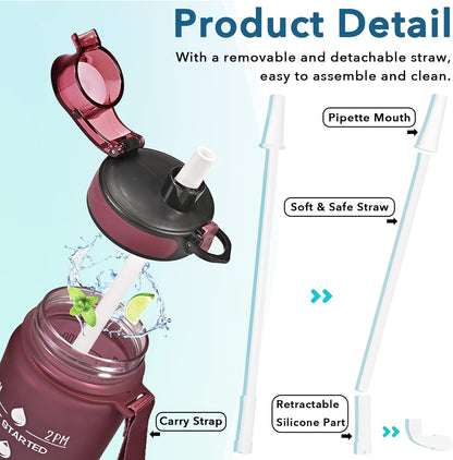 Enerbone Water Bottle, Leakproof BPA & Toxic Free, Motivational Water Bottle with Times to Drink and Straw, Fitness Sports Water Bottle with Strap for Office, Gym, Outdoor Sports
