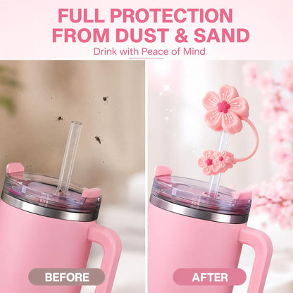 BTYHAOS Silicone Straw Caps for 10mm Tumblers | Reusable Dust-Proof Straw Toppers Compatible with Stanley 30oz & 40oz Tumblers (Purple Flower 3pc)