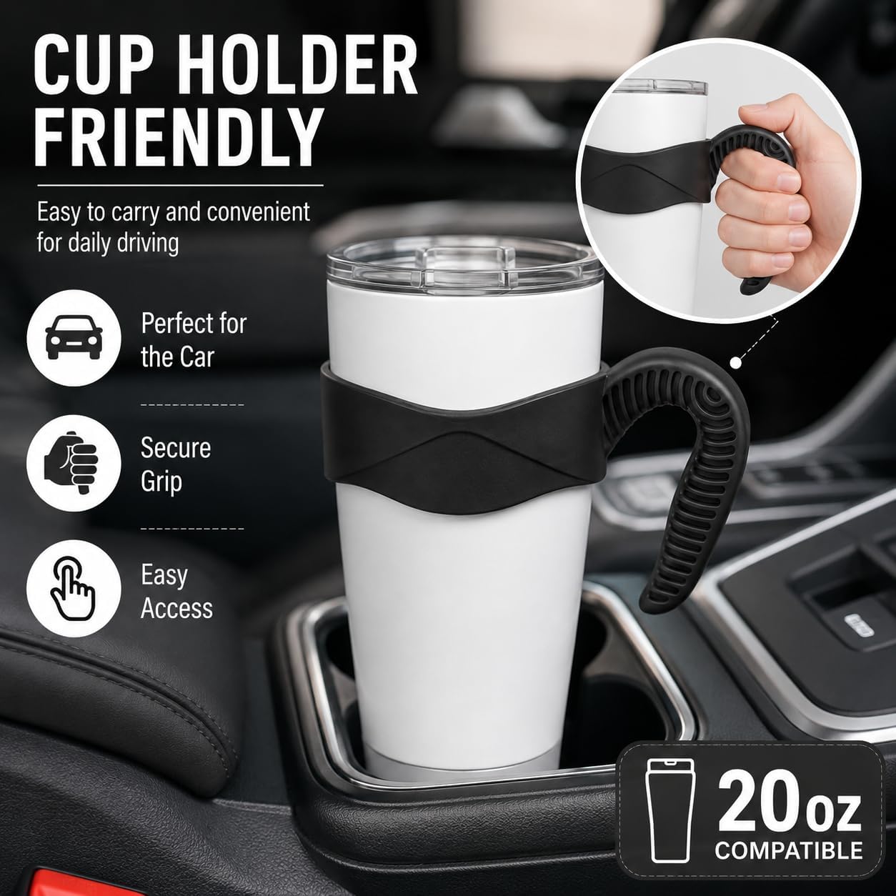 Hyturtle 1Pcs Stylish and Functional Black Tumbler Handle Fits Only For 20 OZ YETI Tumbler - Secure Grip, Lightweight, Dishwasher Safe - Ideal for Travel and Outdoor Activities - BPA Free