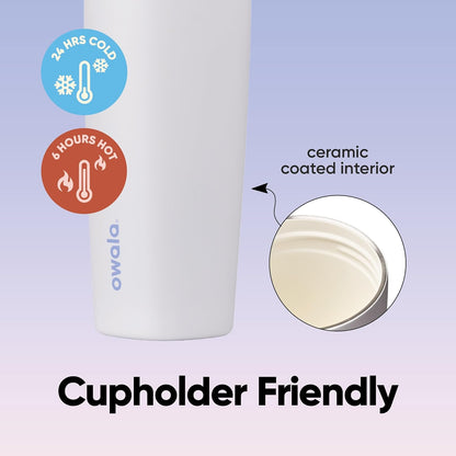 Owala SmoothSip Slider Ceramic-Lined Insulated Stainless Steel Coffee Tumbler, No Metallic Taste Reusable Travel Mug, Hot Iced Coffee Cup, BPA Free 20 oz, Very, Very Dark