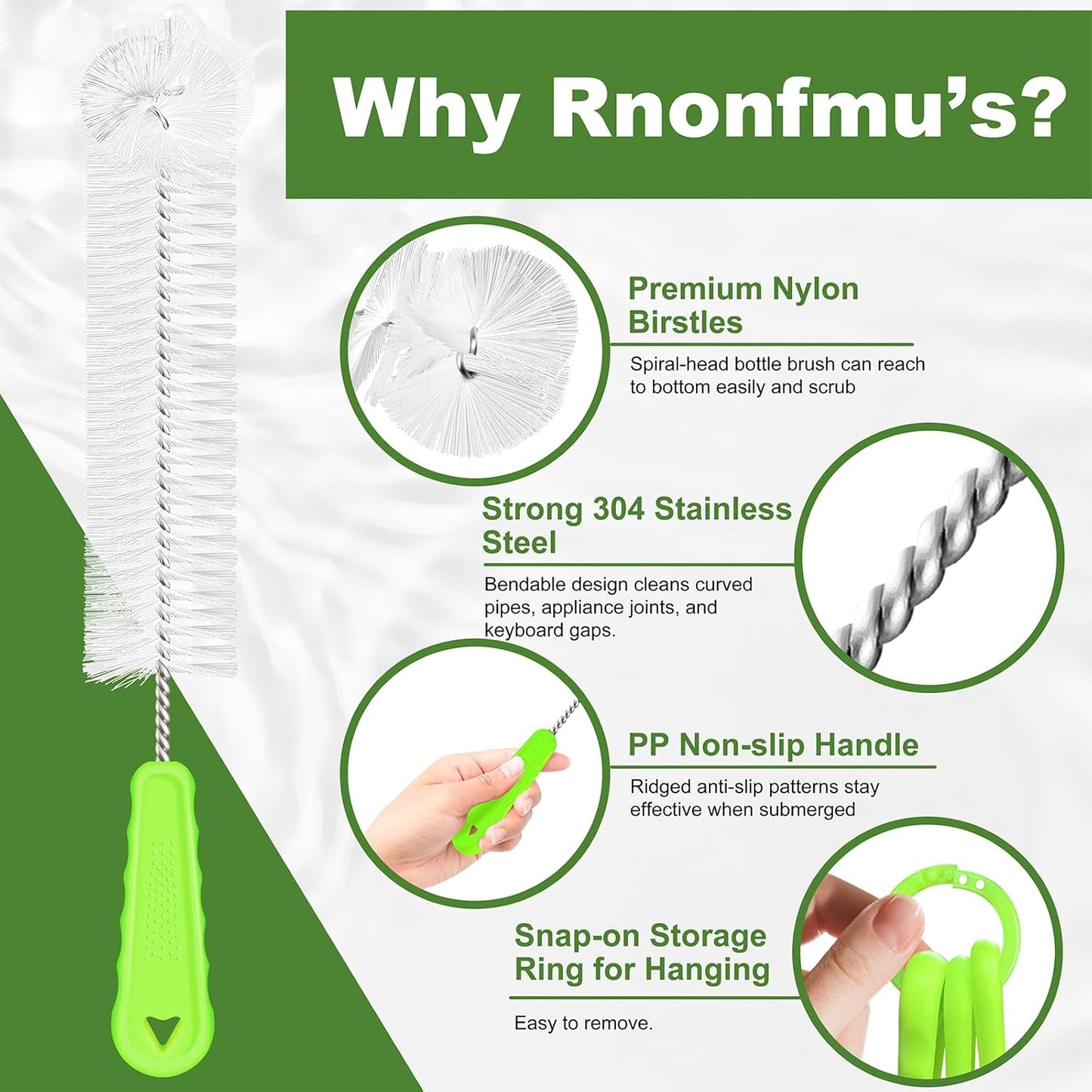 Rnoafmu Bottle Brush Cleaner Set of 3, 14 in Long Handle Water Bottle & Straw Cleaner Brushes for Washing Tumblers, Baby Bottles, Cup Lid Cleaning Brush