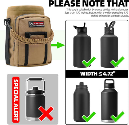 NATURE PIONEOR Water Bottle Holder with Adjustable Strap - 26/32/36/40/46/64oz Insulated Water Bottle Sling Carrier with Paracord Handle & 2 Pockets, Outdoor Sports, Hiking, Camping, Gym