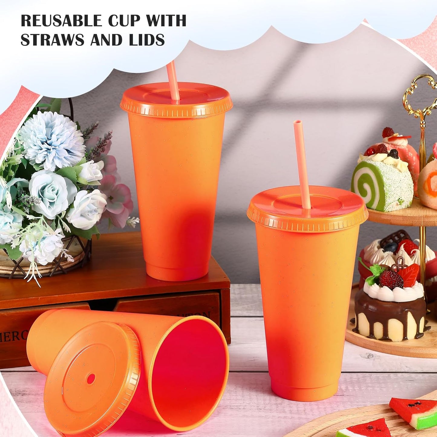 Uiifan 6 Pcs 24 oz Reusable Tumbler with Lids and Straws Plastic Iced Coffee Tumbler Glitter Travel Mug Cup for Smoothie Juices Birthday Party Cold Drink Coffee Cup Bulk for Adult Kid Women (Clear)