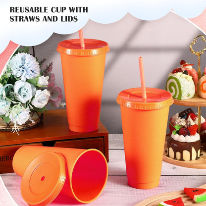 Uiifan 6 Pcs 24 oz Reusable Tumbler with Lids and Straws Plastic Iced Coffee Tumbler Glitter Travel Mug Cup for Smoothie Juices Birthday Party Cold Drink Coffee Cup Bulk for Adult Kid Women (Clear)