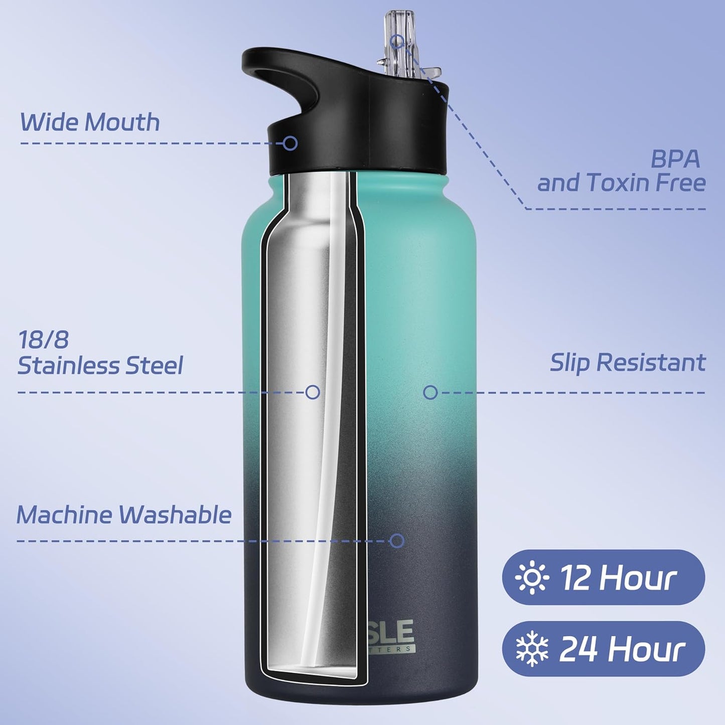 HASLE OUTFITTERS 32 oz Insulated Water Bottle Stainless Steel Double Walled Vacuum Sports Water Bottle with 2 Lids (Straw and Spout Lid) for Gym Camping Hiking(Black,1)