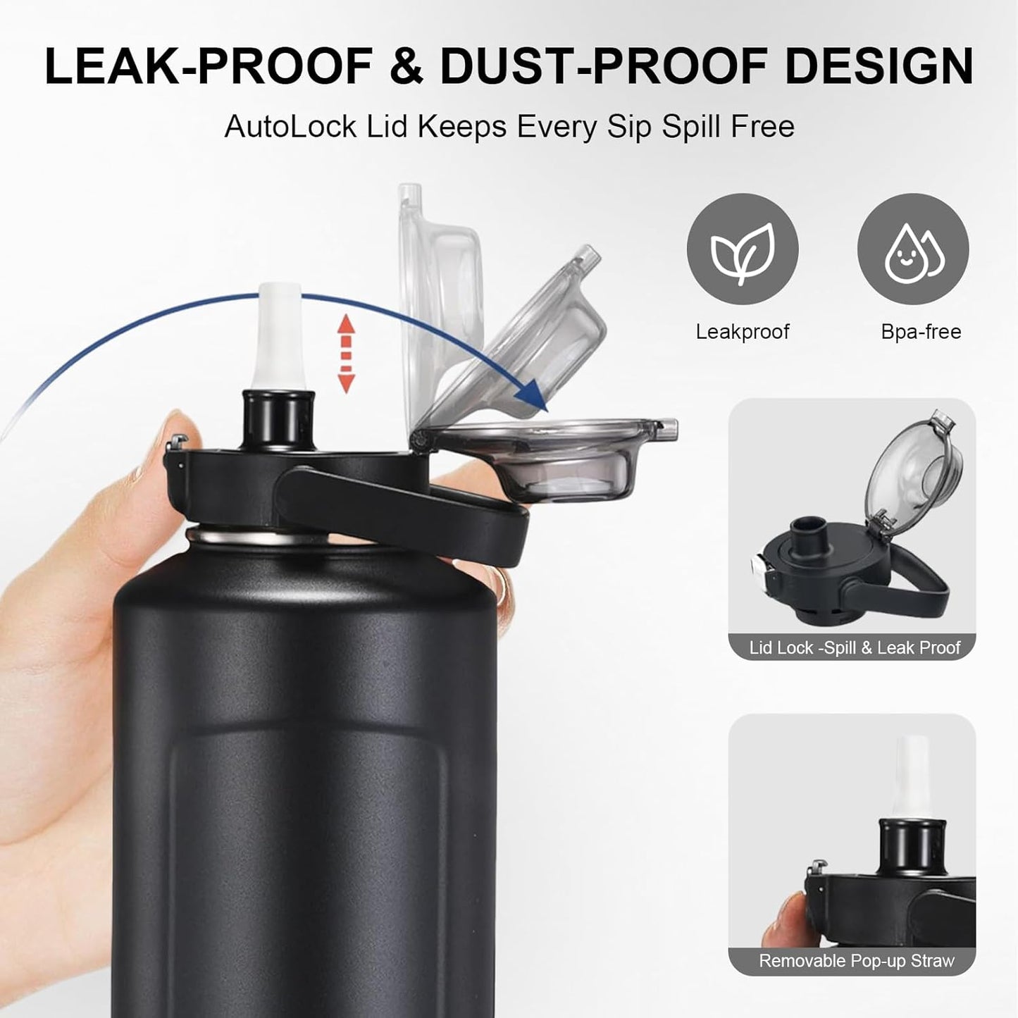 64oz Half Gallon Fruit Infuser Insulated Stainless Steel Water Bottle Jug, 48H Cold & 24H Hot, Large Capacity for Travel Hiking Mountain Climbing Black