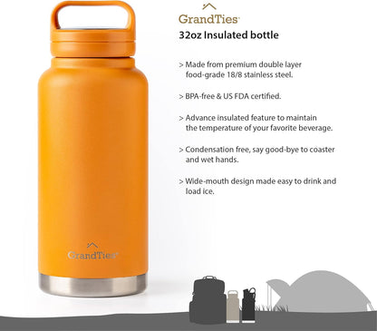 GRANDTIES 2 Lids Sports Stainless Steel Water Bottles – Wide Mouth Vacuum Insulated Reusable Leak Proof BPA-Free Travel Metal Canteen, Thermal Bottles for Men Women Gym (Ivory White 32 oz)