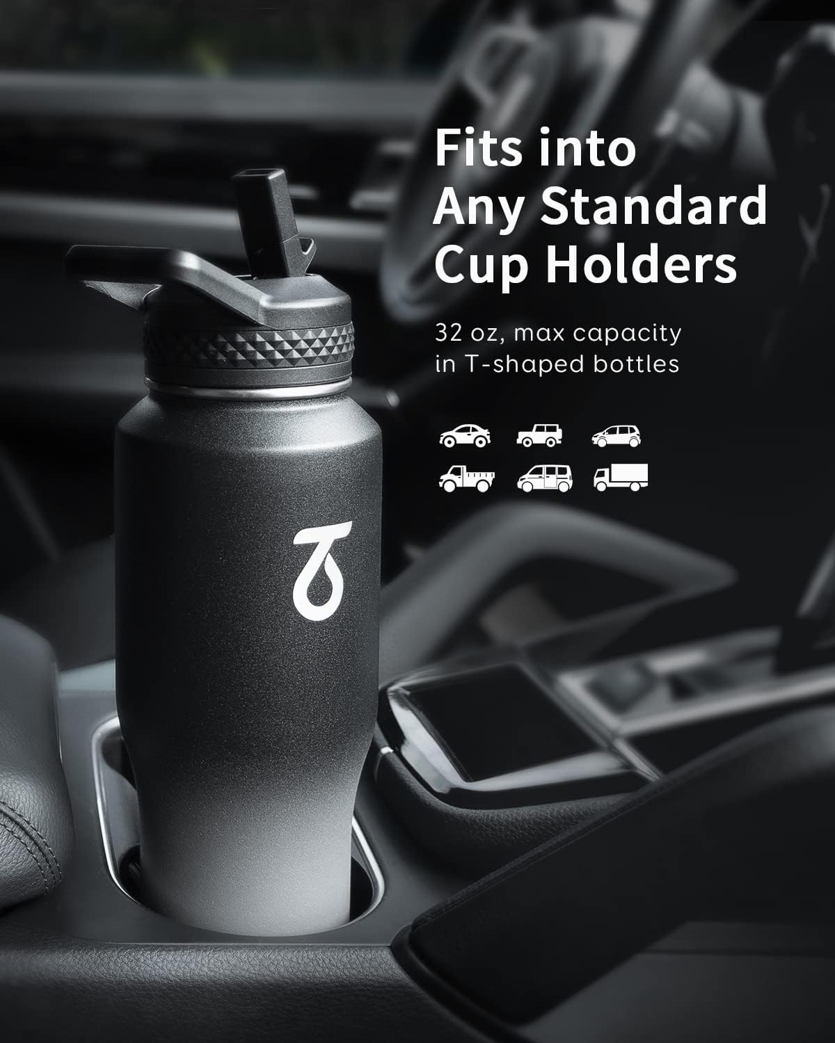 Trebo 40 oz Water Bottle Insulated Fit Car Cup Holder with Handle, Stainless Steel Water Bottles Tumbler with Spout Straw Lids, Double Wall Travel Reusable Flask, Leakproof Mug,Keep Cold &Hot,Black