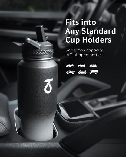 Trebo 40 oz Water Bottle Insulated Fit Car Cup Holder with Handle, Stainless Steel Water Bottles Tumbler with Spout Straw Lids, Double Wall Travel Reusable Flask, Leakproof Mug,Keep Cold &Hot,Black
