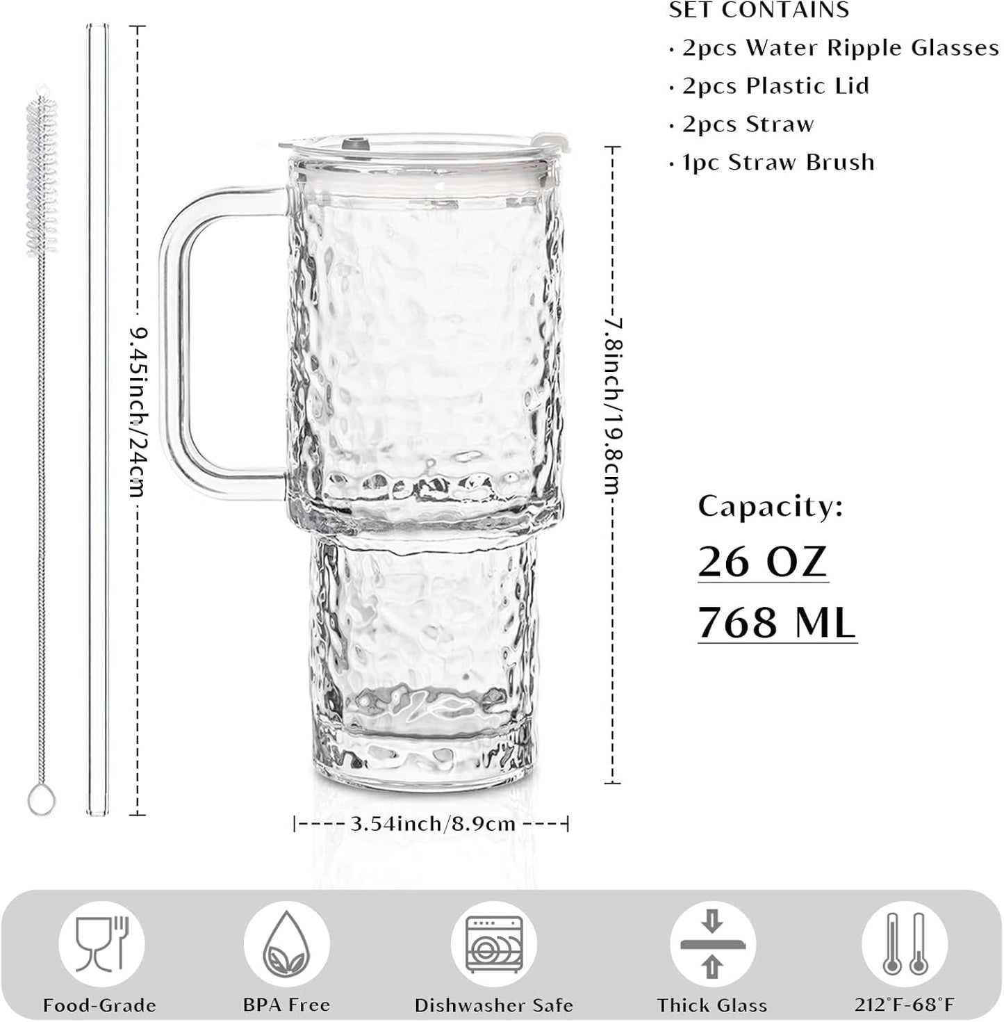INSETLAN 24oz Ribbed Glass Tumbler with Handle & Lid – 2-Pack Large Iced Coffee Cups with Straws, Modern Glass Mug for Cold & Hot Beverages, Aesthetic Travel Cup for Smoothies, Tea, and Juice