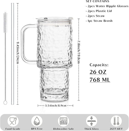 INSETLAN 24oz Ribbed Glass Tumbler with Handle & Lid – 2-Pack Large Iced Coffee Cups with Straws, Modern Glass Mug for Cold & Hot Beverages, Aesthetic Travel Cup for Smoothies, Tea, and Juice