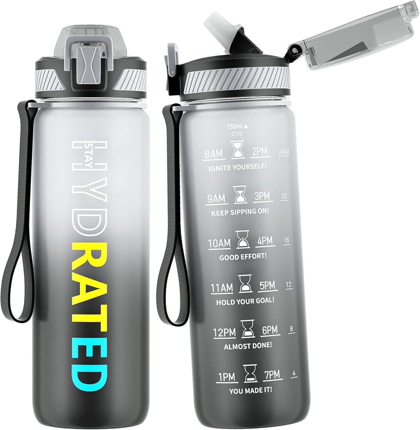 QLUR Water Bottle with Straw, 32oz Motivational Water Bottles with Time Marker to Drink, Tritan BPA Free, 1L Sports Water Bottle with Carry Strap LeakProof for Women Gym Fitness Outdoor (1 Pack)