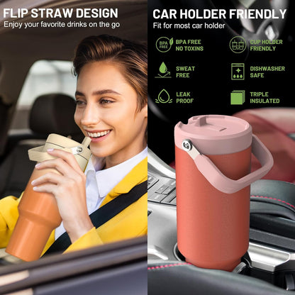 40 oz Insulated Tumbler with Top Handle and Flip Straw, Vacuum Insulated Stainless Steel Cup with Leak-Proof Lid, Sweat-Free, Fits Cup Holder, Keeps Ice Cold up to 30 Hours