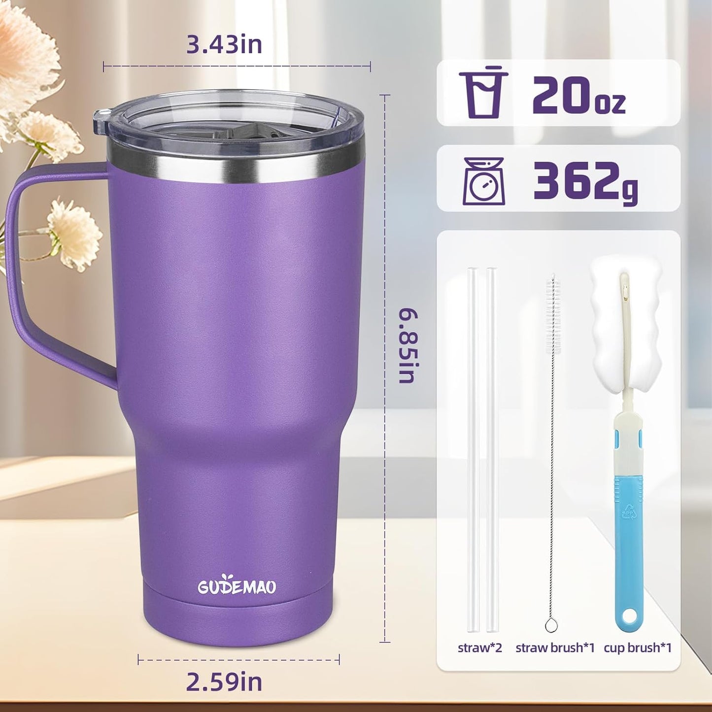 20 oz Insulated Coffee Mug with Ceramic Coating, Stainless Steel Travel Mug Tumbler with Handle Lid and Straw, Double Wall Leak-Proof Coffee Travel Mug Keeps Drink Hot and Cold (Black)