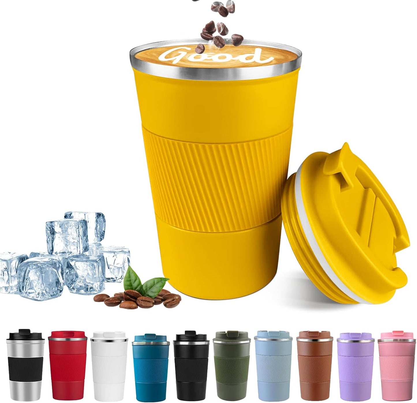 YINBAOGE Insulated Travel Coffee Mug, Spill & Leak Proof, Portable To Go Camping Stainless Steel Coffee Tumbler, Reusable Thermal Coffee Cup with Lid for Hot & Cold Drinks (Black, 12 OZ)