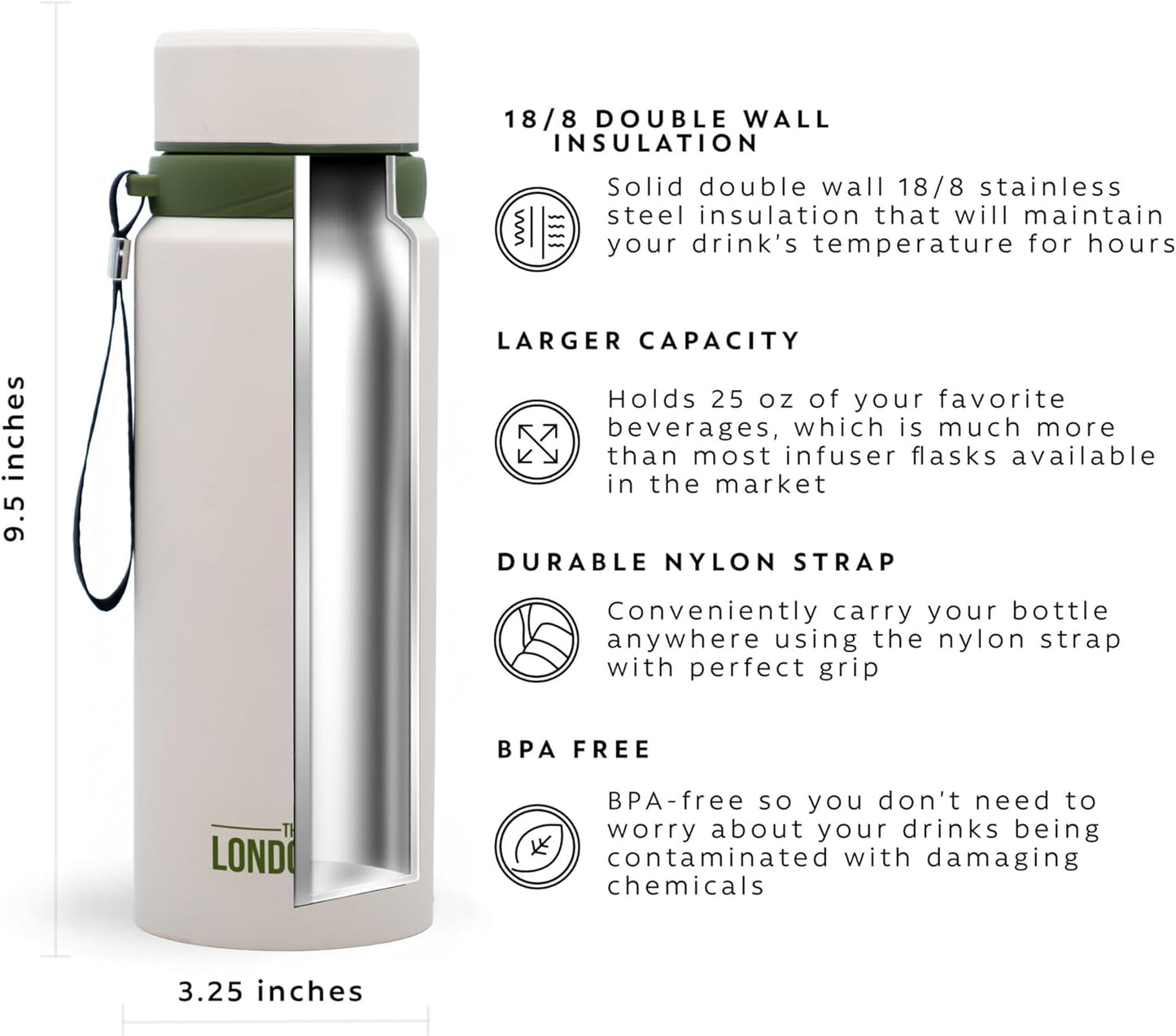 London Sip 25 oz Multi-Function Travel Mug and Tumbler Tea Infuser Water Bottle Fruit Infuser Flask Hot and Cold Double Wall Stainless Steel Coffee Thermos, Cosmic Silver