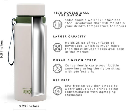 London Sip 25 oz Multi-Function Travel Mug and Tumbler Tea Infuser Water Bottle Fruit Infuser Flask Hot and Cold Double Wall Stainless Steel Coffee Thermos, Cosmic Silver