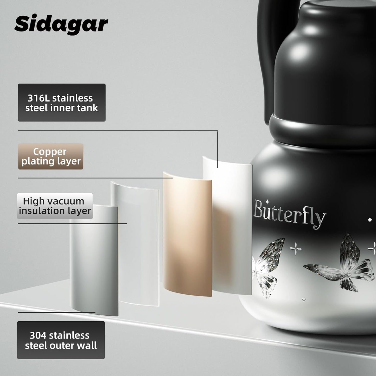 22 oz Water Bottle with Straw and Bowl, Unique Insulated Stainless Steel Tumbler, Spill-proof Reusable BPA-Free Cup, Pilates Wellness Study Travel, with Bonus Strap - Chocolate Black