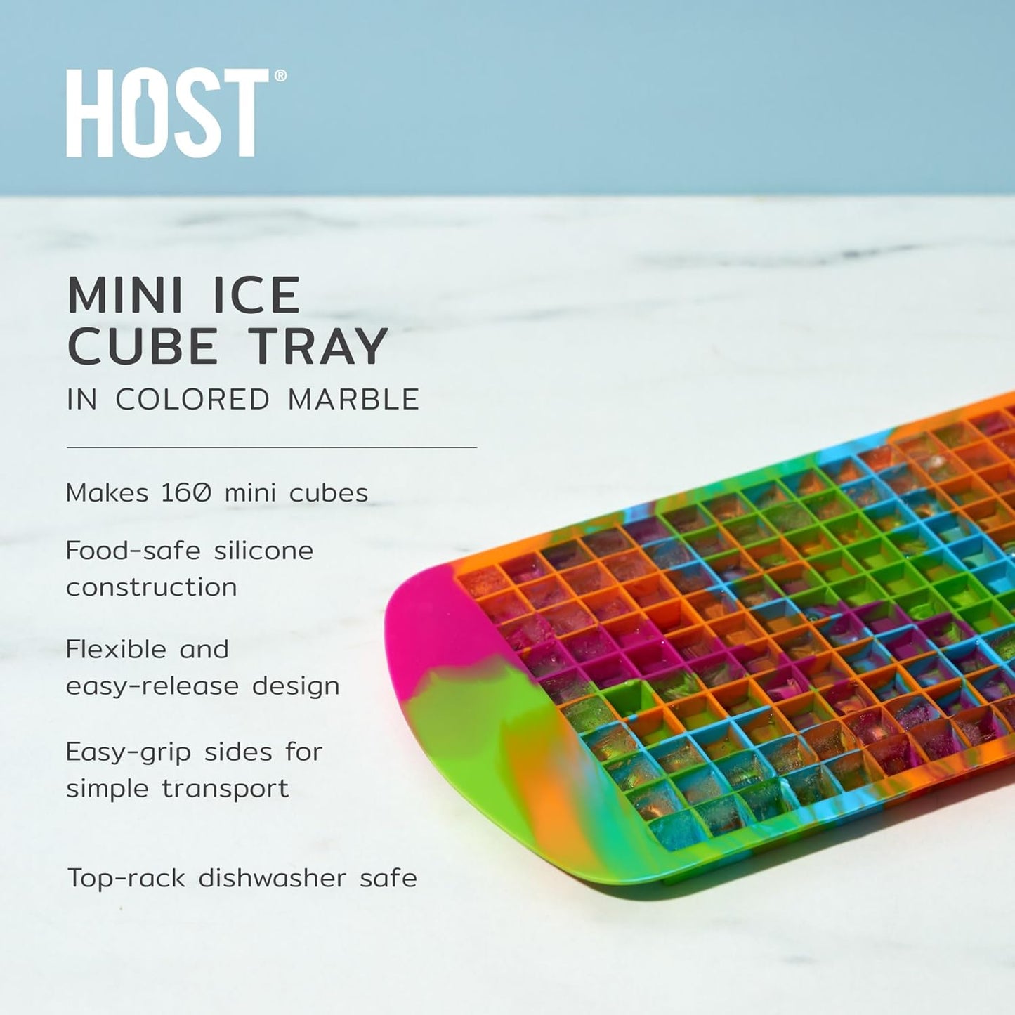 Host Ice Cube Tray, Makes Four 5-Inch Long Cubes, Durable Silicone Trays with Easy Release Design, Perfect for Water Bottles and Highball Glasses, Home Bar Accessories, Set of 1, Marble