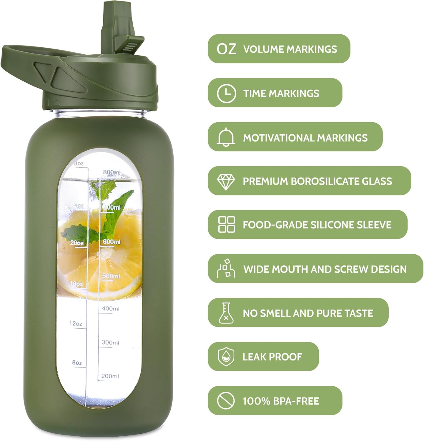 CIVAGO 32 oz Glass Water Bottle with Straw and Insulated Bottle Holder Sling, Motivational Water jug with Time Marker and Silicone Sleeve, Large Sport Water Flask with 2 Lids, Black