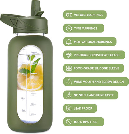 CIVAGO 32 oz Glass Water Bottle with Straw and Insulated Bottle Holder Sling, Motivational Water jug with Time Marker and Silicone Sleeve, Large Sport Water Flask with 2 Lids, Black