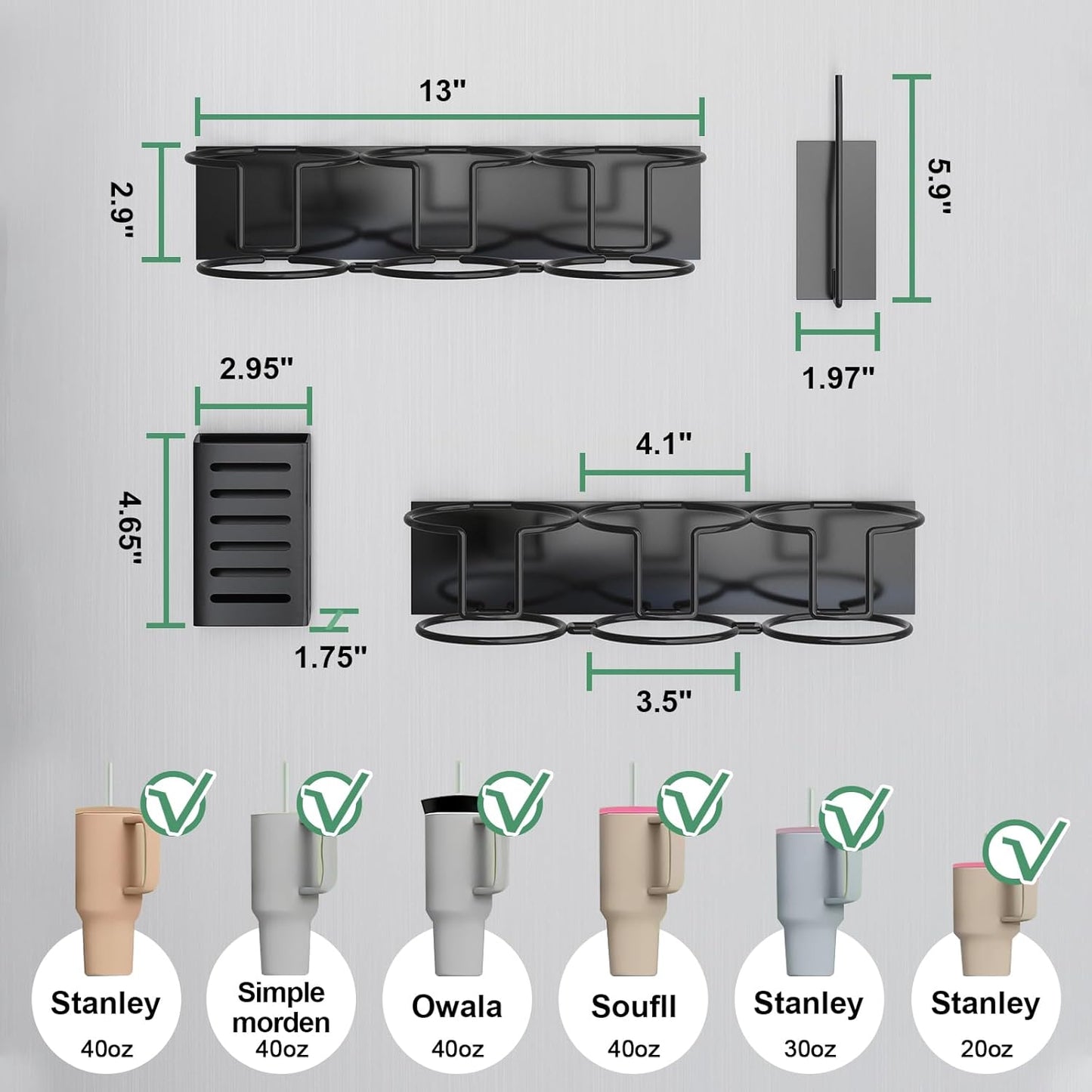 Magnetic Cup Holder for Fridge, Aufworld Tumbler Organizer Fits 20/30/40 oz Stanley Cups, Accessory Storage with Lid & Straw Holder, Space-Saving Storage Rack for Kitchen Fridge (Black-Cup Holder Set)