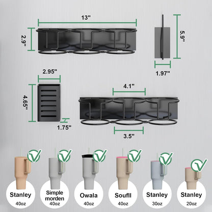 Magnetic Cup Holder for Fridge, Aufworld Tumbler Organizer Fits 20/30/40 oz Stanley Cups, Accessory Storage with Lid & Straw Holder, Space-Saving Storage Rack for Kitchen Fridge (Black-Cup Holder Set)