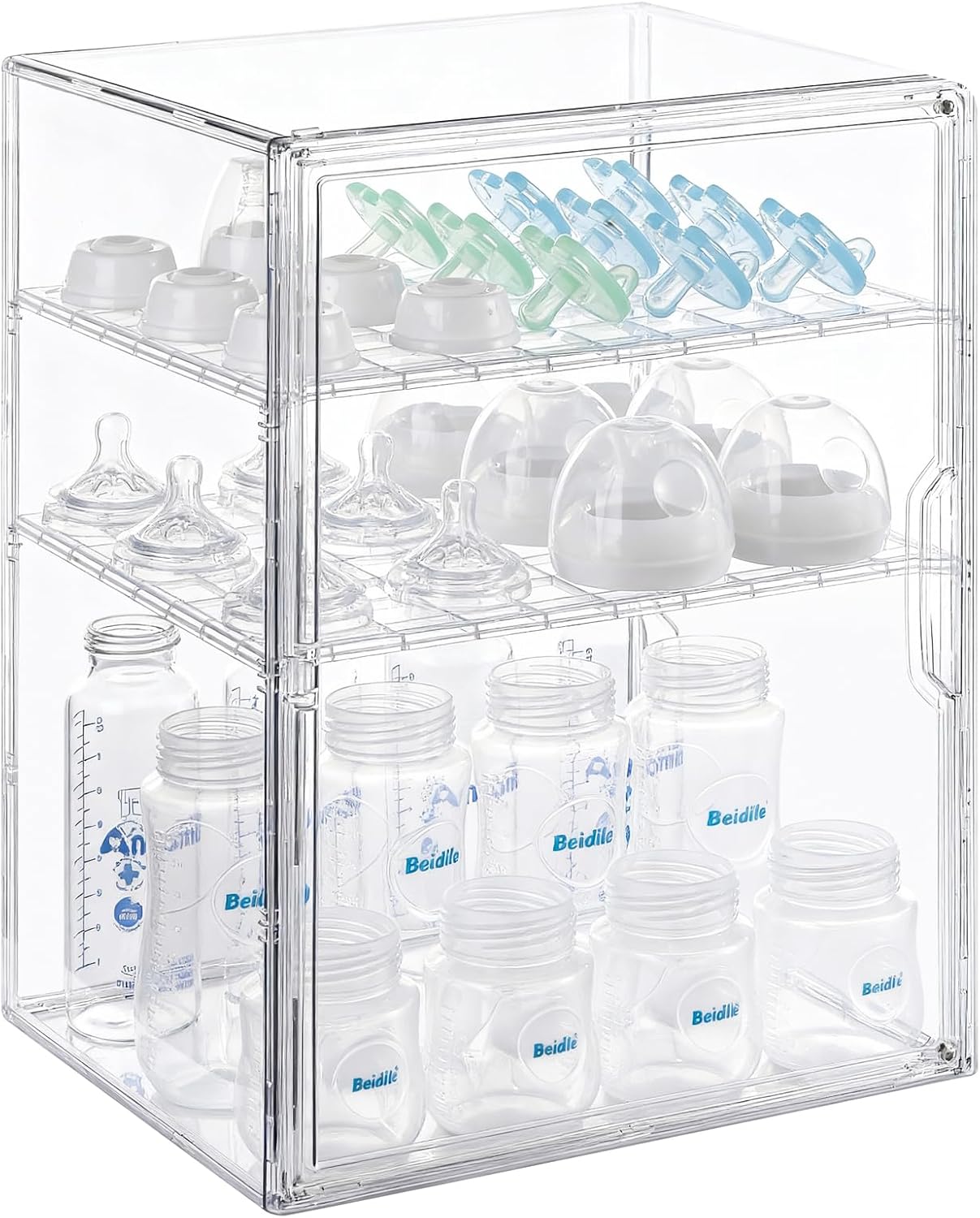 ERTIUANIO Baby Bottle Organizer – 3 Tier Bottle Storage Organizer Baby for Nipples, Pump Parts, Food Jars – Clear Acrylic Bottle Station Organizer for Countertop and Kitchen, Gifts for New Mom