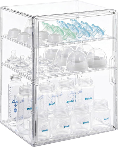 ERTIUANIO Baby Bottle Organizer – 3 Tier Bottle Storage Organizer Baby for Nipples, Pump Parts, Food Jars – Clear Acrylic Bottle Station Organizer for Countertop and Kitchen, Gifts for New Mom