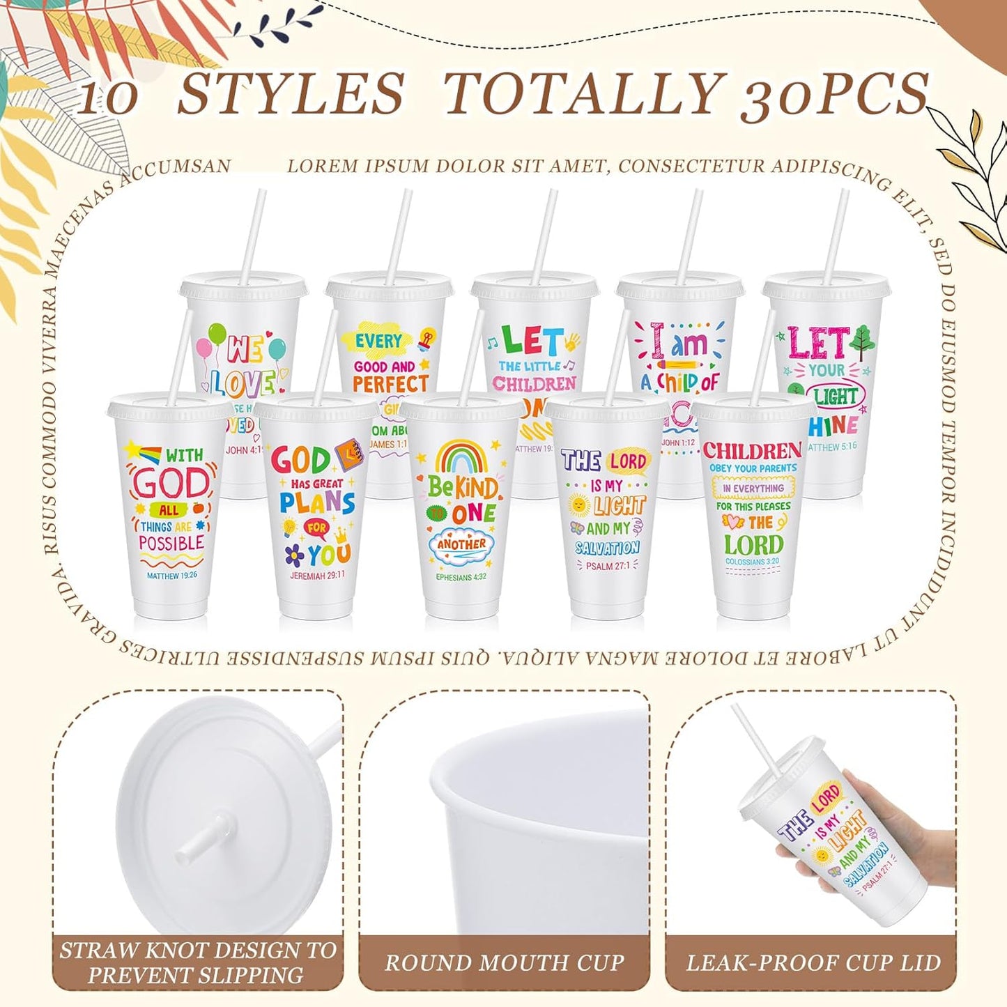 Uiifan 10 Pcs Christian Tumblers with Straws for Kids, Bible Verse Cups for VBS, Sunday School, Church Party Favors and Faith Gifts, Reusable Plastic Tumblers with Lids, 24 oz, White