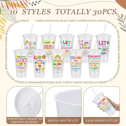 Uiifan 10 Pcs Christian Tumblers with Straws for Kids, Bible Verse Cups for VBS, Sunday School, Church Party Favors and Faith Gifts, Reusable Plastic Tumblers with Lids, 24 oz, White