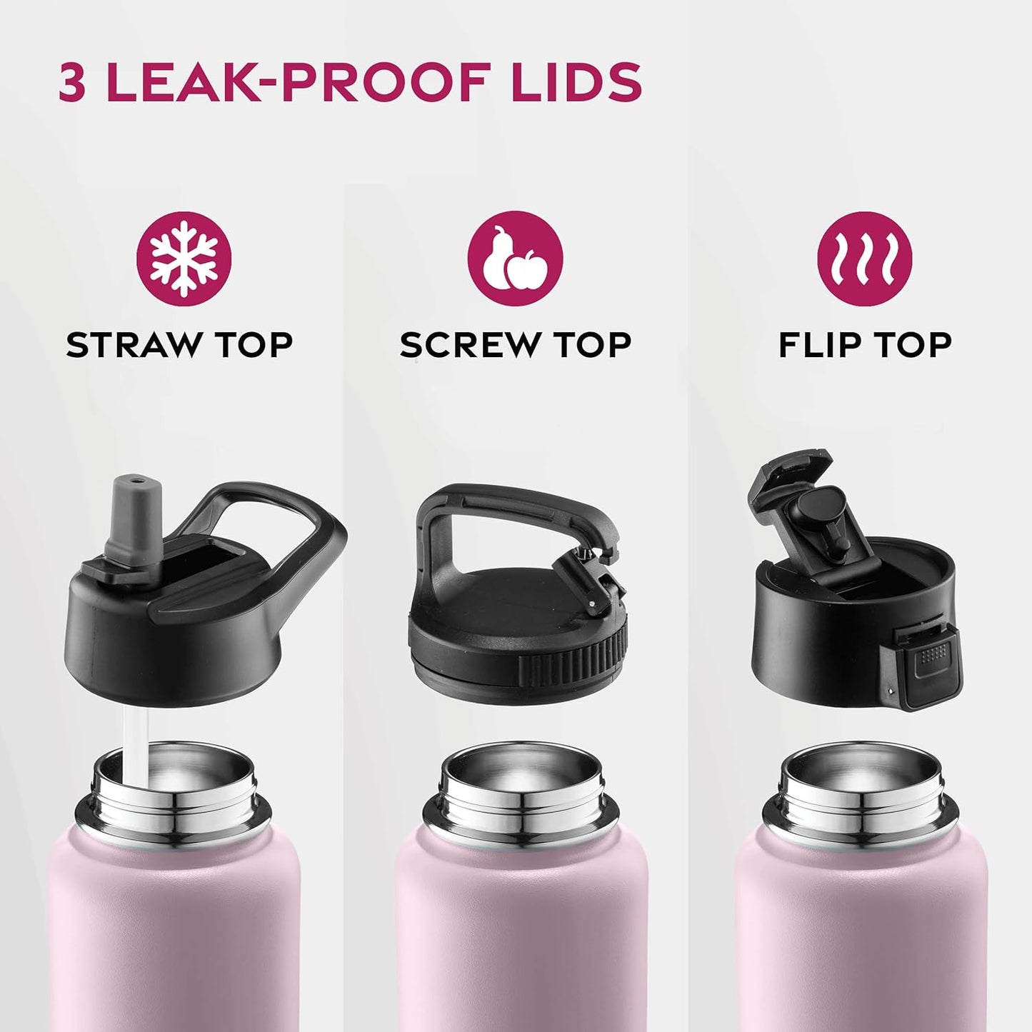 FineDine Water Bottle - Stainless Steel Insulated Water Bottle with Straw Lid, Flip Lid & Wide-Mouth Cap - Keeps Hot and Cold - 25 Oz / 739ml - Dreamy Purple