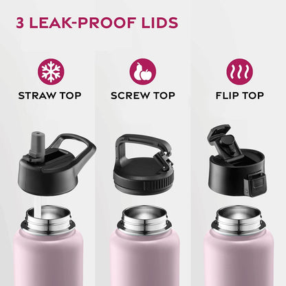 FineDine Water Bottle - Stainless Steel Insulated Water Bottle with Straw Lid, Flip Lid & Wide-Mouth Cap - Keeps Hot and Cold - 25 Oz / 739ml - Dreamy Purple