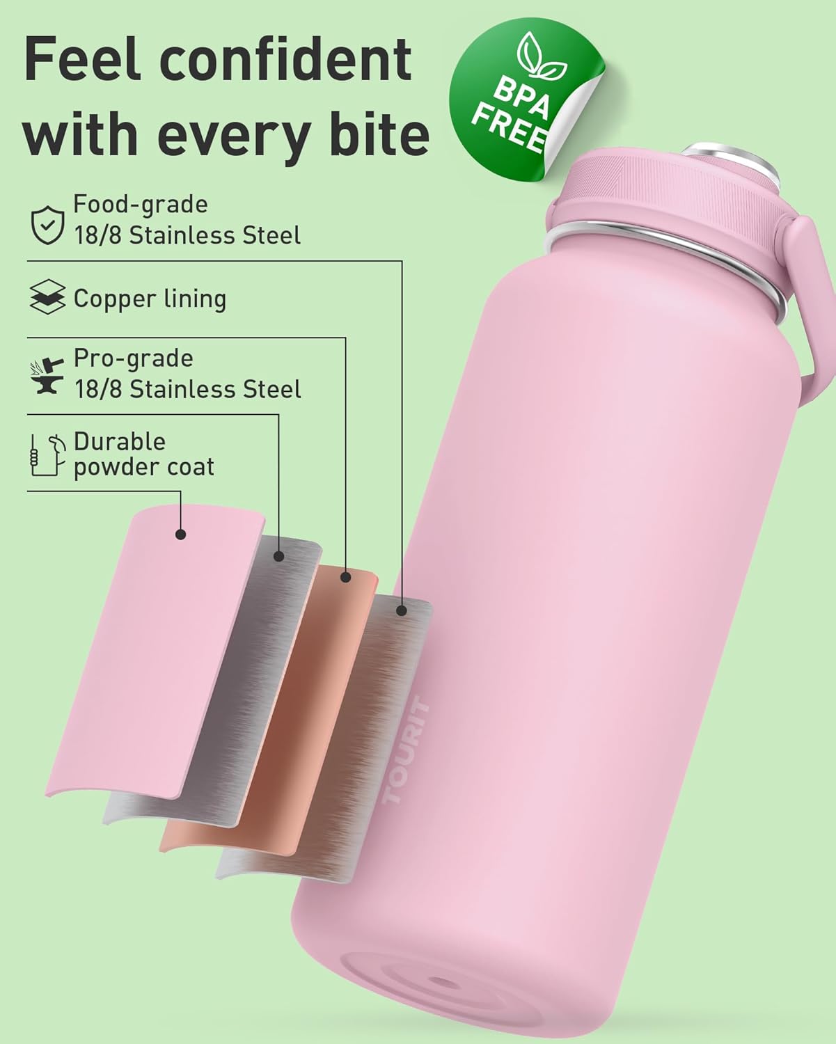 TOURIT 32 oz Insulated Water Bottle, Stainless Steel Sports Water Bottles With Top Handle, Double-Wall Travel Thermal Water Flask, BPA Free Leakproof Water Bottle for Sports and Travel,Pink