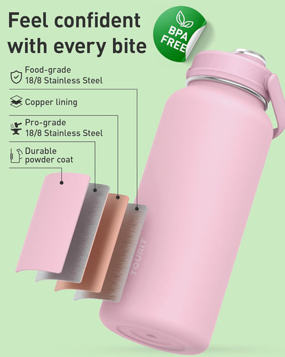 TOURIT 32 oz Insulated Water Bottle, Stainless Steel Sports Water Bottles With Top Handle, Double-Wall Travel Thermal Water Flask, BPA Free Leakproof Water Bottle for Sports and Travel,Pink